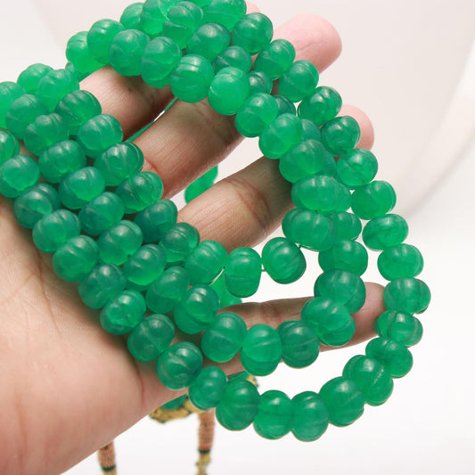 Emerald Quartz Pumpkin Beads 7 & 8 MM Hand Carved Watermelon Beads 16" Strand Green Pumpkin Shape Beads for Handmade Designer Jewelry Making