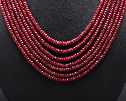 7 Strands Ruby Faceted Rondelle Bead 3.5-5 MM Ruby Corundum Necklace with Adjustable Clasp 16-20” Exclusive Jewelry Necklace for Special Day