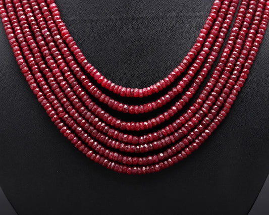 7 Strands Ruby Faceted Rondelle Bead 3.5-5 MM Ruby Corundum Necklace with Adjustable Clasp 16-20” Exclusive Jewelry Necklace for Special Day