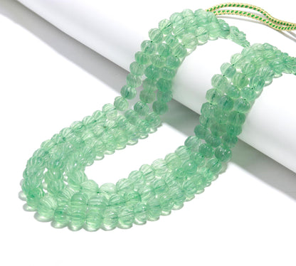 3 Strands Green Fluorite Pumpkin Carved Beads Necklace 9x11 MM - 11x14 MM Natural Green Fluorite Necklace for Jewelry with adjustable clasp