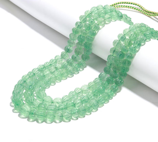 3 Strands Green Fluorite Pumpkin Carved Beads Necklace 9x11 MM - 11x14 MM Natural Green Fluorite Necklace for Jewelry with adjustable clasp