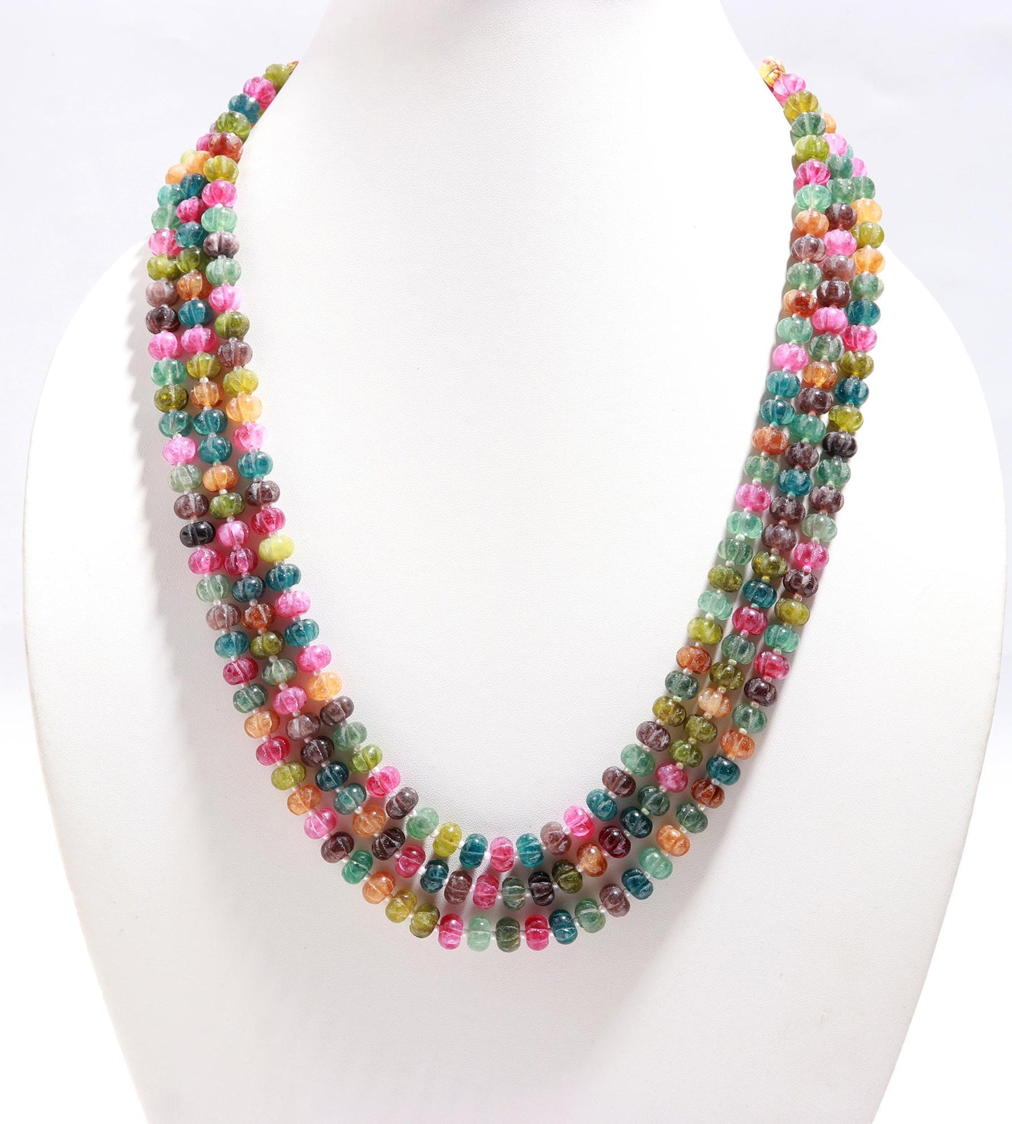 3 Strands Multi Tourmaline Pumpkin Hand Carved Beads Necklace 17-19 Inch Multi Tourmaline Quartz Bead Necklace Jewelry with adjustable clasp