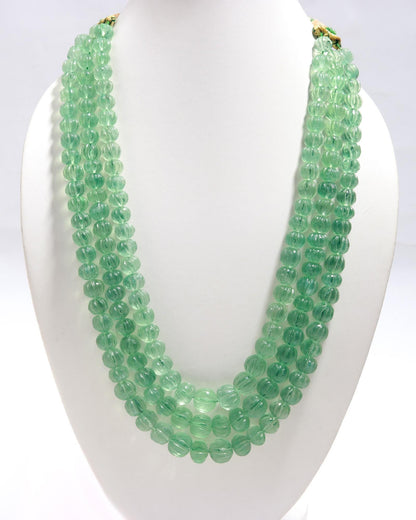 3 Strands Green Fluorite Pumpkin Carved Beads Necklace 9x11 MM - 11x14 MM Natural Green Fluorite Necklace for Jewelry with adjustable clasp