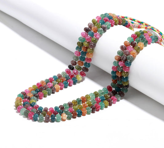 3 Strands Multi Tourmaline Pumpkin Hand Carved Beads Necklace 17-19 Inch Multi Tourmaline Quartz Bead Necklace Jewelry with adjustable clasp