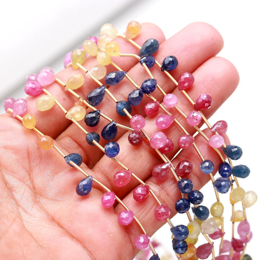 Multi Sapphire Faceted Tear Drop Beads 5x7-6x8 MM Natural Multi Sapphire Precious Bead 8" Strand for Designer Jewelry Necklace Pendant Craft