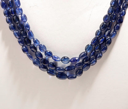 3 Strands Blue Sapphire Smooth Oval Beads 5X7 MM - 7x9 MM Excellent Blue Sapphire Precious Beads Necklace for jewelry with adjustable clasp