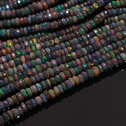 Black Ethiopian Opal Faceted Rondelle Bead 4-7 MM Natural Flashy Ethiopian Opal 18" Strand Multi Fire Opal for Handmade Designer Jewelry