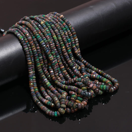 Black Ethiopian Opal Faceted Rondelle Bead 4-7 MM Natural Flashy Ethiopian Opal 18" Strand Multi Fire Opal for Handmade Designer Jewelry