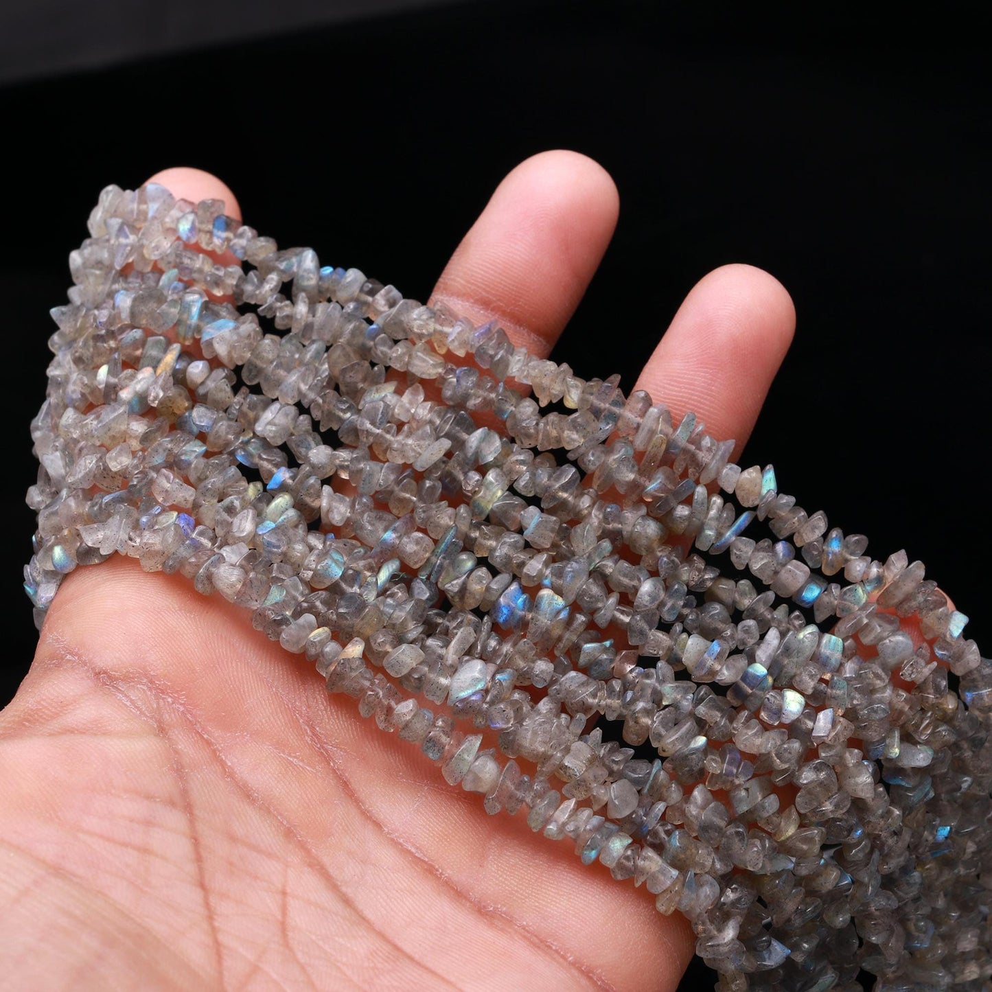 Labradorite Chip Beads 34" Natural Chip Strands Drilled Strung Raw Smooth Nuggets 4-5 MM Black Moonstone Polished Beads for Jewelry Making